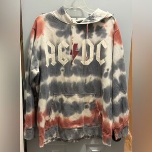 AC/DC Tie Dye Mens Hoodie Sweatshirt Front Pocket Pullover Large Gray Red